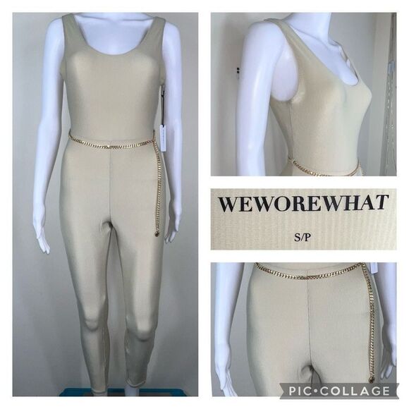 WeWoreWhat Solid Rib Scoop Jumpsuit in Khaki with Gold Chain Belt - Picture 1 of 16